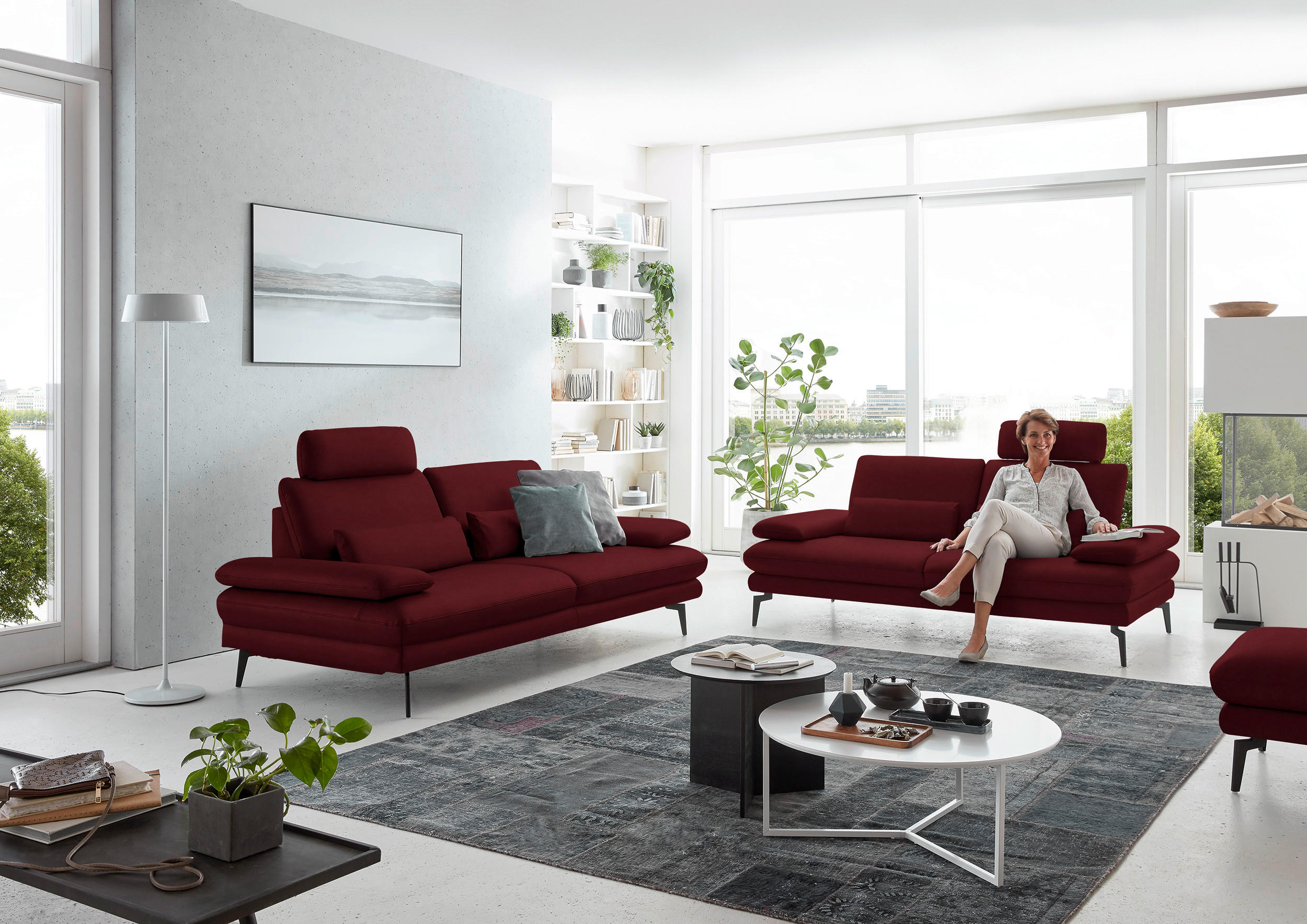 3-SITZER-SOFA in Echtleder Dunkelrot  - Schwarz/Dunkelrot, Design, Leder/Metall (222/86/104cm) - Dieter Knoll