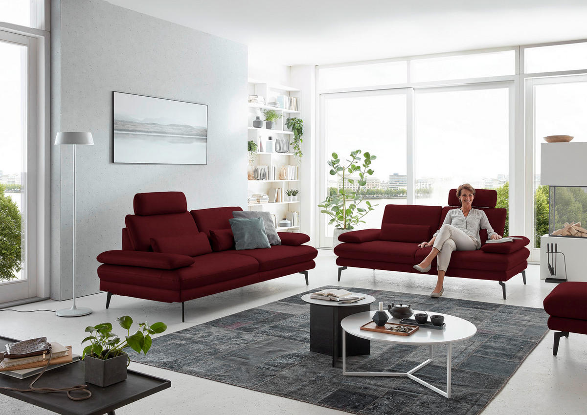 3-SITZER-SOFA in Echtleder Dunkelrot  - Schwarz/Dunkelrot, Design, Leder/Metall (222/86/104cm) - Dieter Knoll