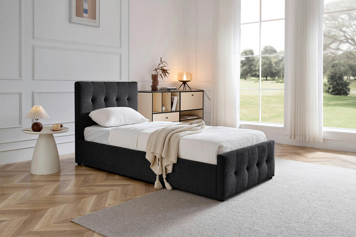 POLSTERBETT gepolstertes Kopfteil, Lattenrost, Bettkasten 90/200 cm  in Dunkelgrau  - Dunkelgrau/Schwarz, Design, Holz/Kunststoff (90/200cm) - Boxxx