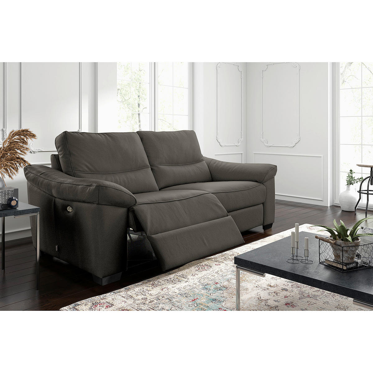 2,5-SITZER  in Echtleder Anthrazit   - Anthrazit/Schwarz, Design, Leder/Holz (214/97/97cm) - Livetastic