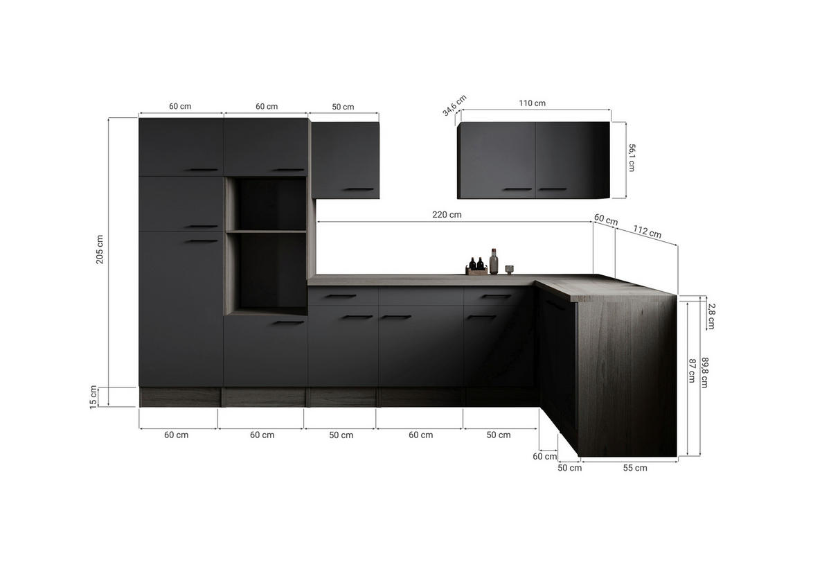 ECKKÜCHE 340/172 cm  in Grau, Eichefarben  - Eichefarben/Schwarz, Design, Holzwerkstoff/Metall (340/172cm) - Respekta