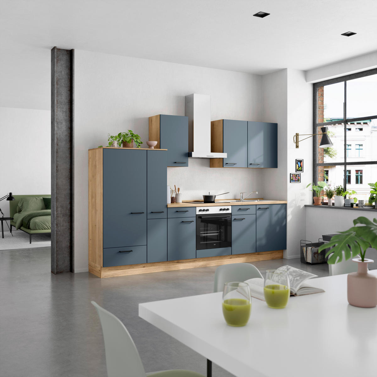 KÜCHENBLOCK Easytouch 300 cm  in Blau, Eichefarben  - Blau/Eichefarben, MODERN, Holzwerkstoff/Metall (300cm) - Nobilia