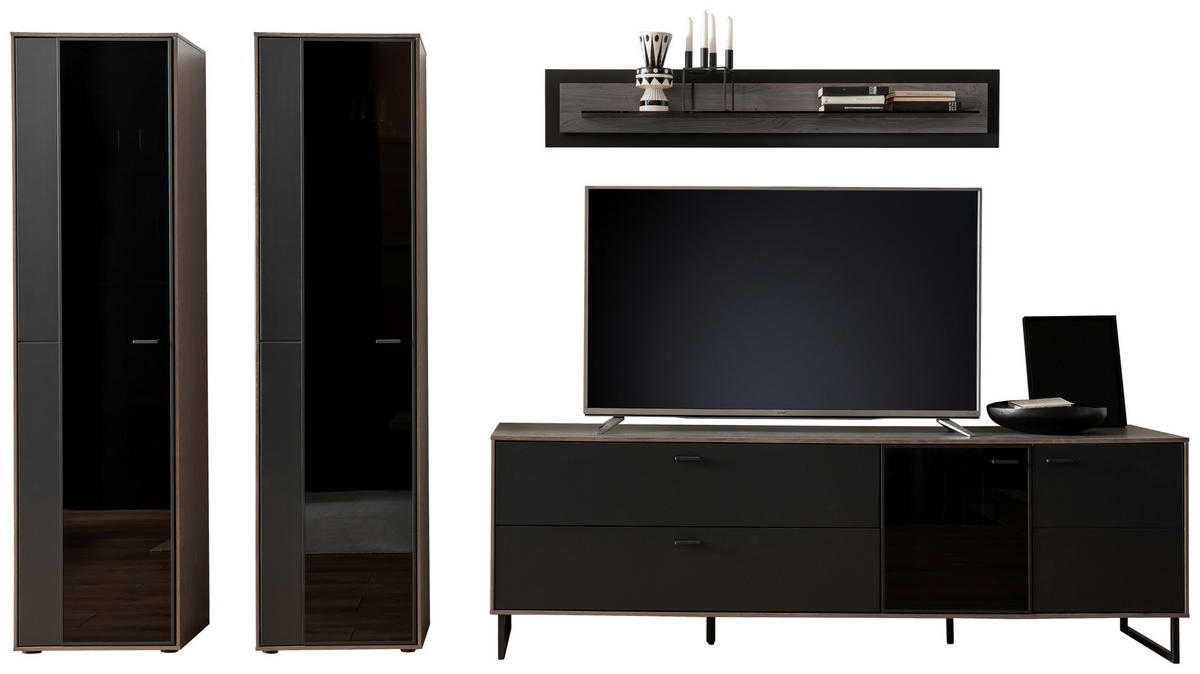 WOHNWAND  in Schwarz, Eichefarben  339/190/50 cm  - Eichefarben/Anthrazit, Design, Glas/Holz (339/190/50cm) - MID.YOU