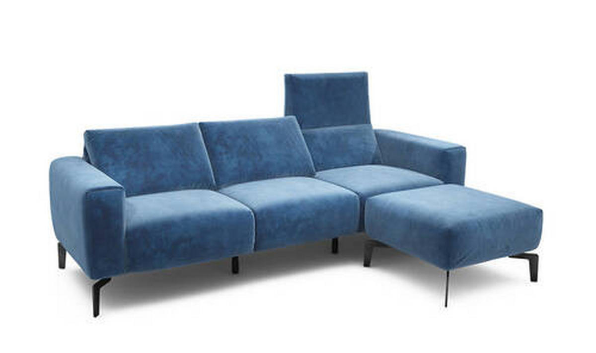 Dreisitzer inkl. Hocker in Samt Blau  - Blau/Schwarz, Design, Textil/Metall (250/86/86-94cm) - SENSOO