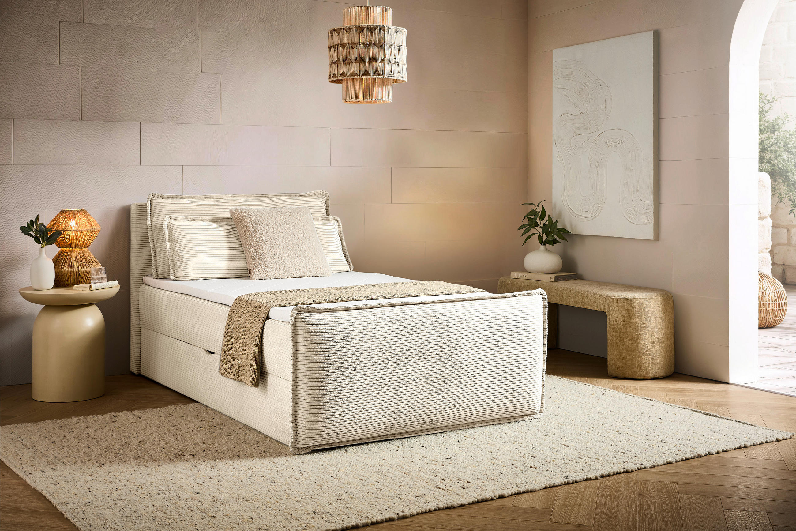 BOXBETT 120/200 cm,  in Beige, Kissen, Bettkasten, Topper, H3 = fest  - Beige/Schwarz, Design, Kunststoff/Textil (120/200cm) - Chameo