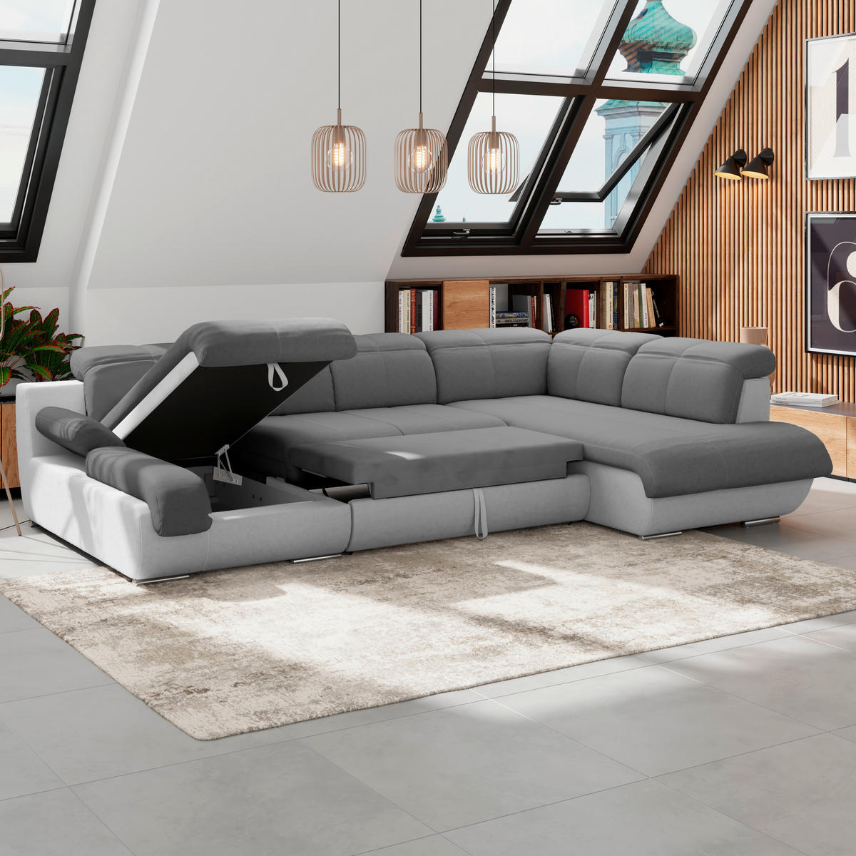 WOHNLANDSCHAFT Hellgrau, Dunkelgrau Mikrofaser  - Chromfarben/Dunkelgrau, MODERN, Textil/Metall (184/345/228cm) - MID.YOU