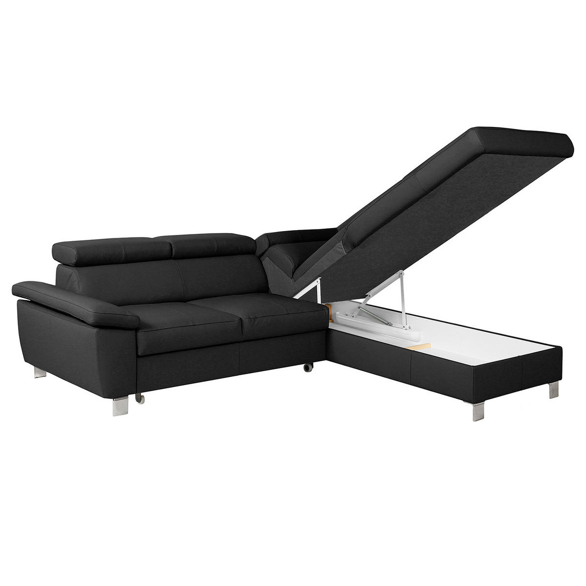 ECKSOFA Schwarz Echtleder Lederlook  - Chromfarben/Schwarz, Design, Leder/Textil (248/208cm) - Livetastic