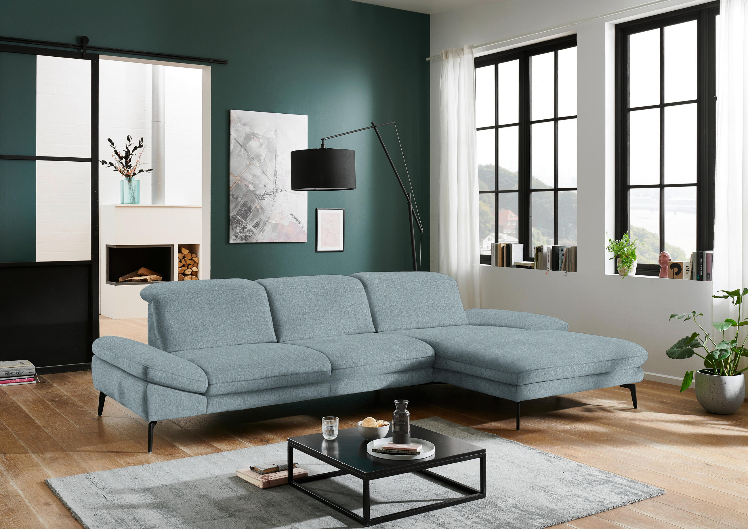 ECKSOFA in Chenille Pastellblau  - Pastellblau/Schwarz, Design, Textil/Metall (319/188cm) - Beldomo System