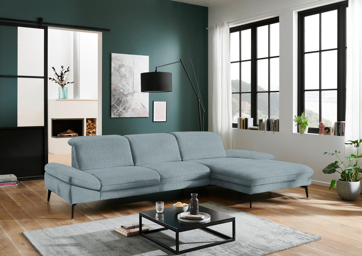 ECKSOFA in Chenille Pastellblau  - Pastellblau/Schwarz, Design, Textil/Metall (319/188cm) - Beldomo System