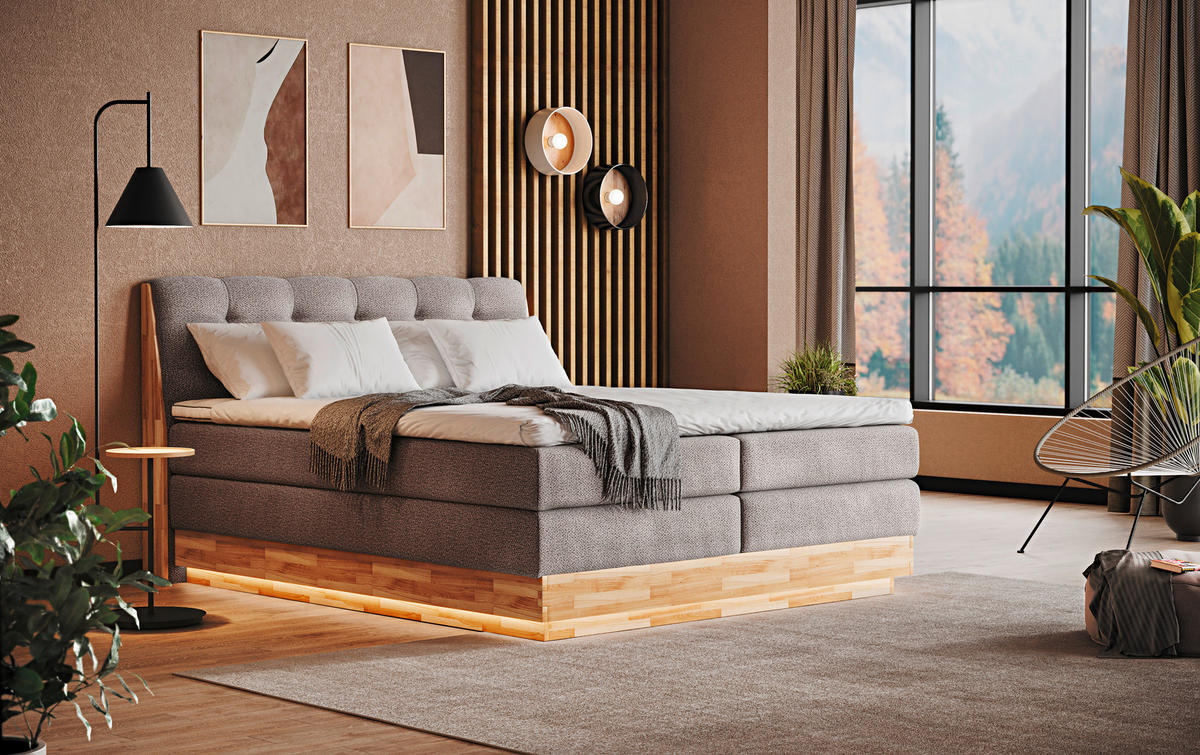 BOXSPRINGBETT 180/200 cm  in Beige  - Beige/Schwarz, Natur, Holz/Textil (180/200cm)