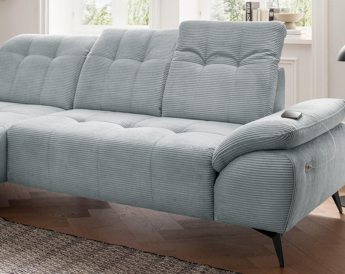 ECKSOFA FIORE in Cord Hellblau Kopfteilverstellung, Sitzvorzug  180/280 cm  - Schwarz/Hellblau, MODERN, Textil/Metall (180/280cm) - Livetastic