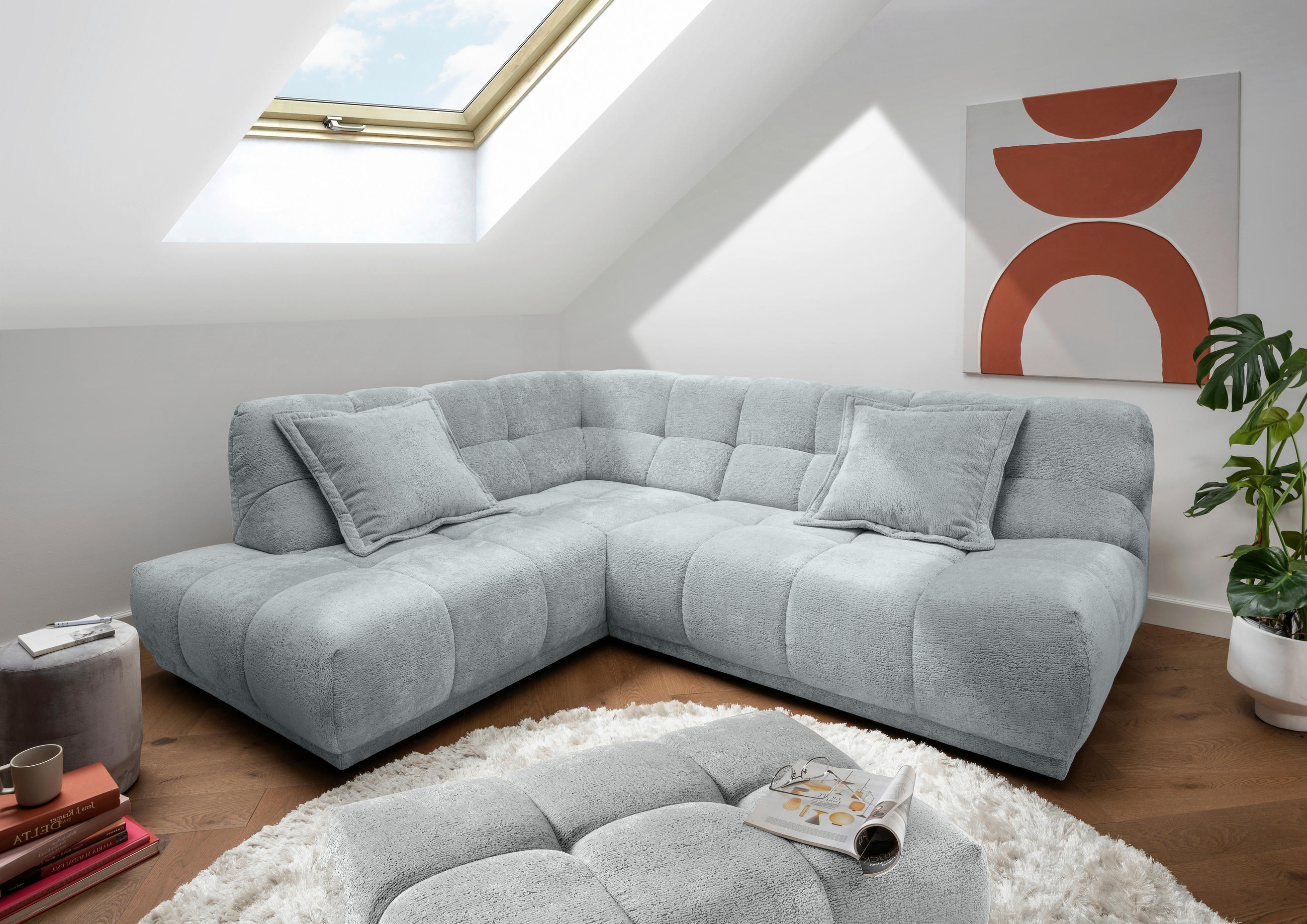 ECKSOFA ITALIA Hellblau Chenille Hocker  - Schwarz/Hellblau, MODERN, Kunststoff/Textil (203/254cm) - Livetastic