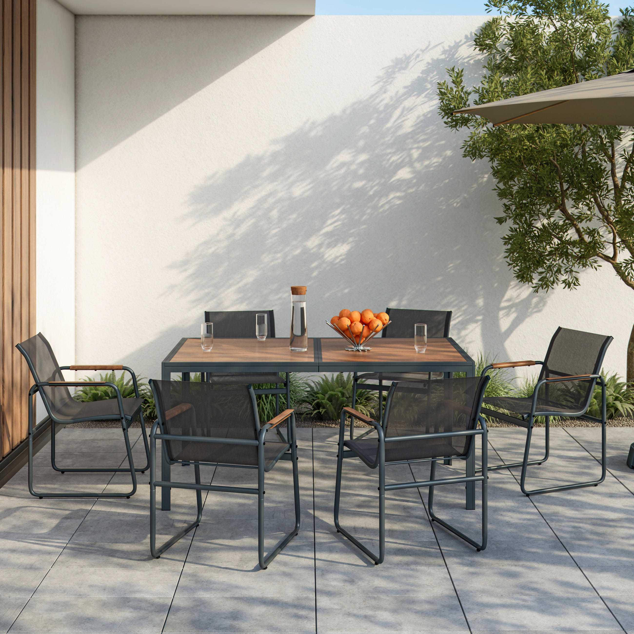 GARTENTISCHGRUPPE 7-teilig Webstoff Eisen 7-teilig  - Dunkelgrau/Naturfarben, MODERN, Kunststoff/Textil (59,5/160/50/90/82/75cm) - Ambia Garden