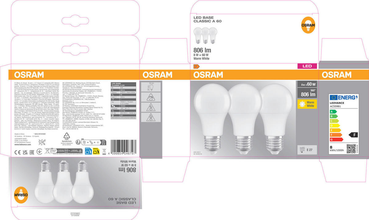 LED-LEUCHTMITTEL   E27 8 W 806 lm  - Weiß, Basics, Kunststoff (6/10,7cm) - Osram