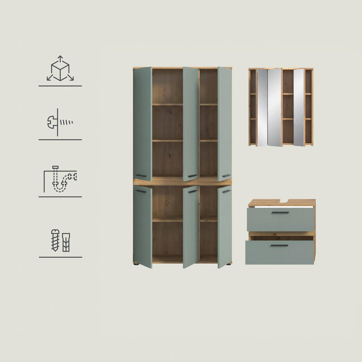 BADRUM 165 cm  - svart/ek Artisan, Trend, trämaterial/glas (165cm) - MID.YOU