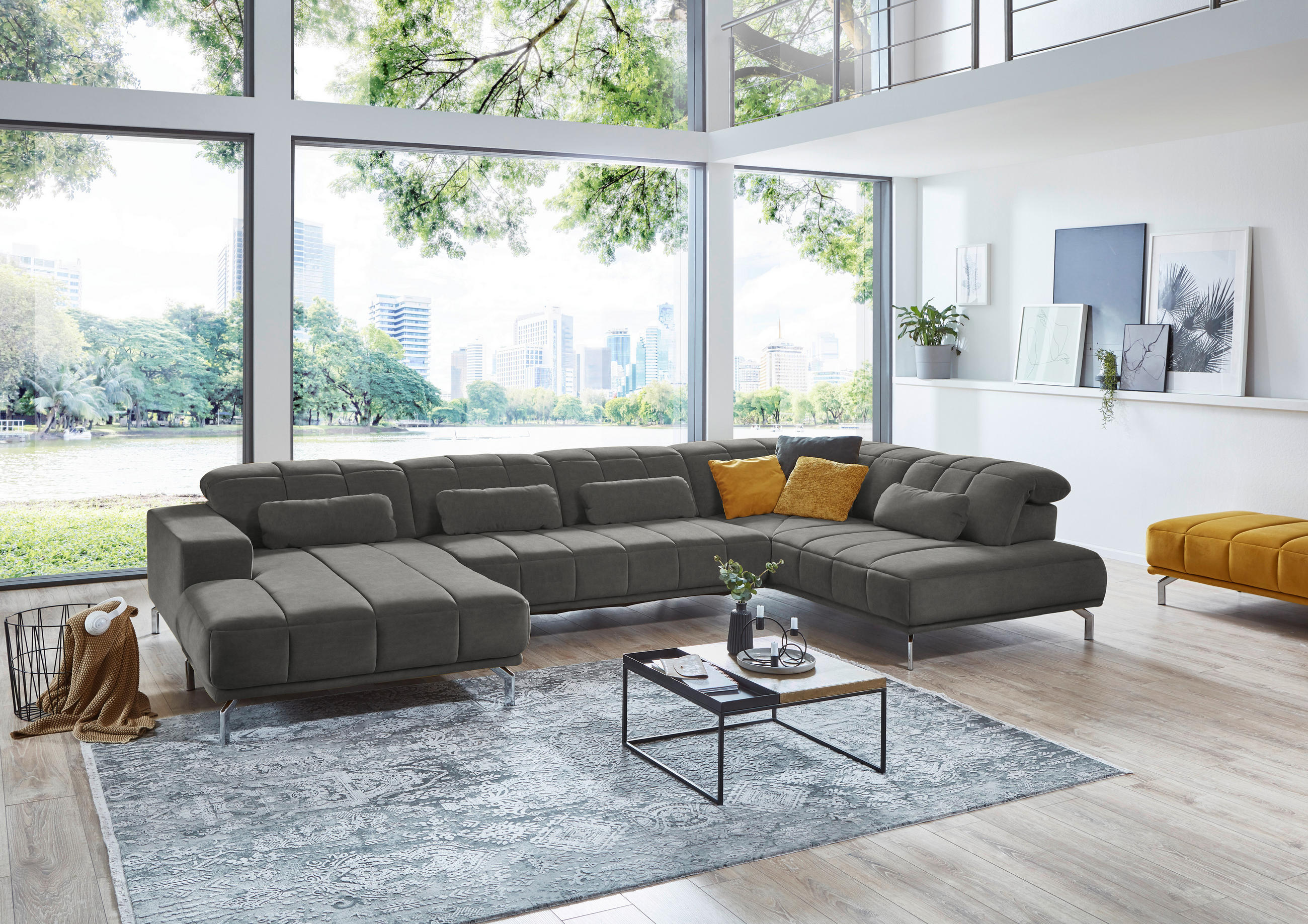 WOHNLANDSCHAFT Hellgrau Velours  - Hellgrau/Schwarz, Design, Textil/Metall (195/383/219cm) - Beldomo Style