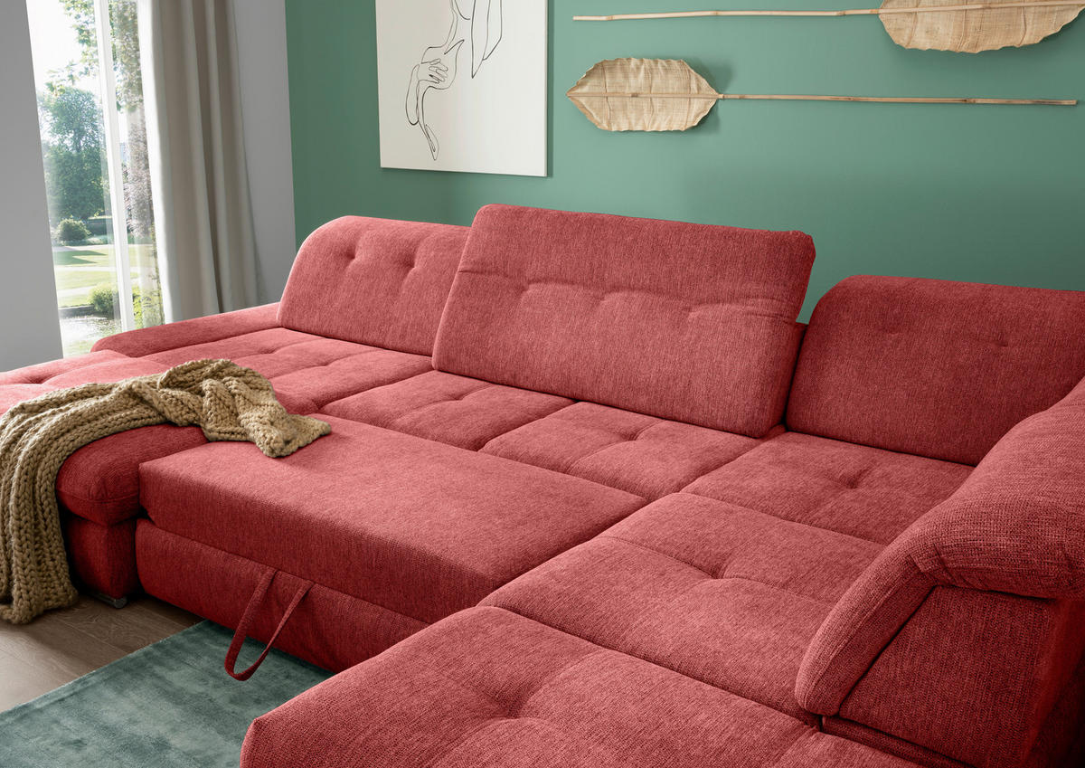 WOHNLANDSCHAFT in Chenille Rot  - Chromfarben/Rot, Design, Textil/Metall (195/376/254cm) - Livetastic