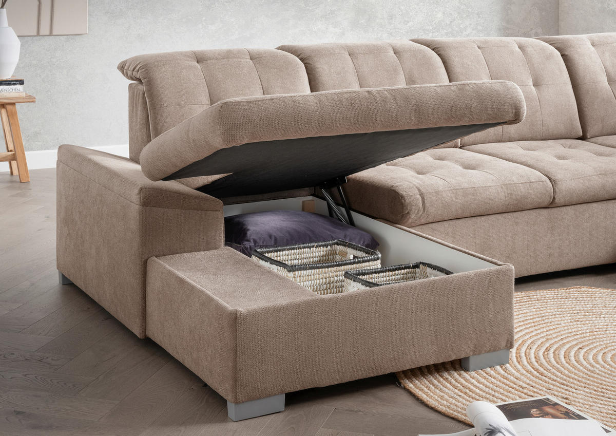 WOHNLANDSCHAFT in Mikrofaser Hellbraun  - Chromfarben/Hellbraun, Modern, Kunststoff/Textil (169/330/212cm) - Livetastic