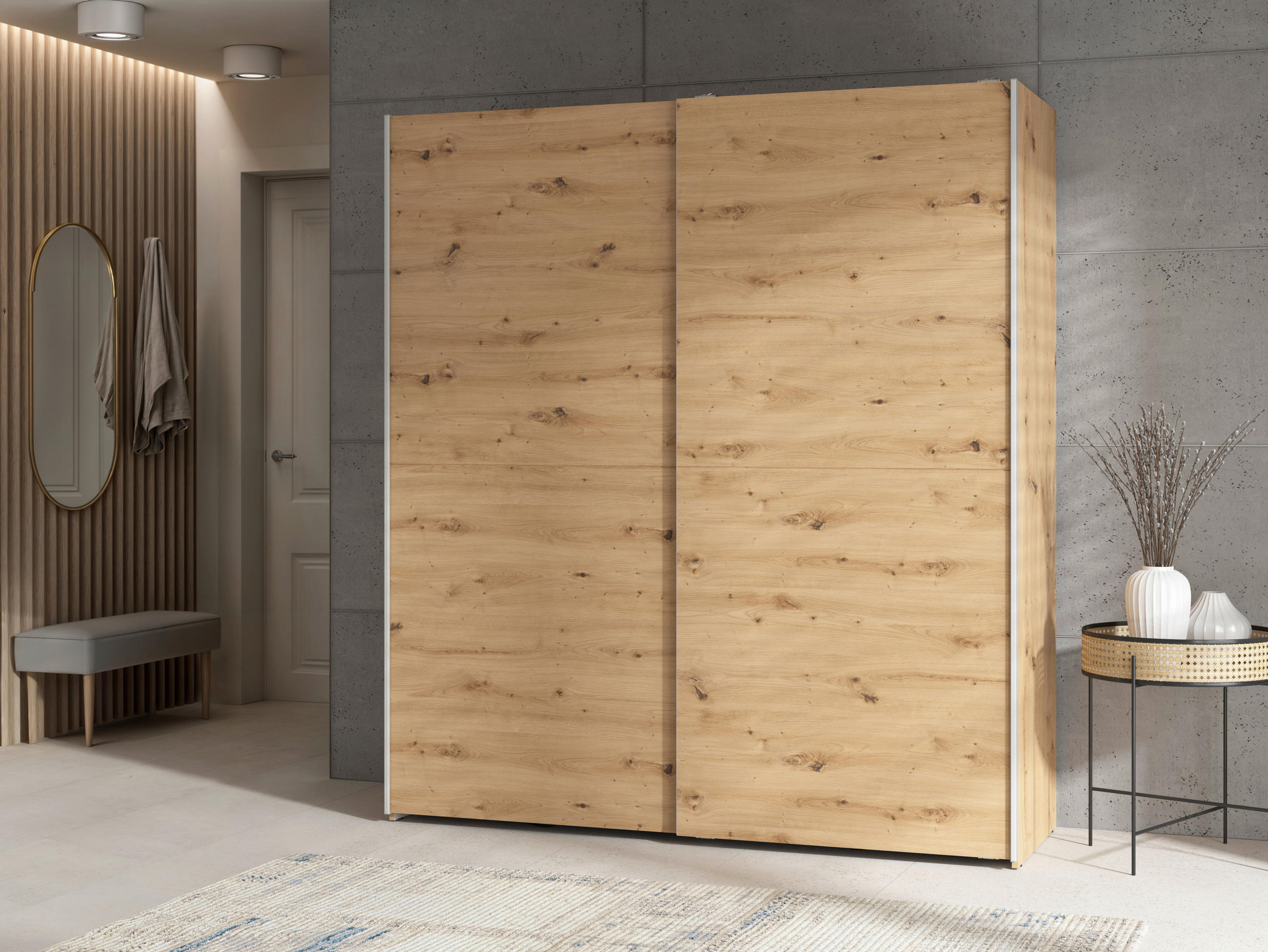 SCHWEBETÜRENSCHRANK 170/191/59 cm 2-türig Eiche Artisan  - Silberfarben/Eiche Artisan, Basics, Holzwerkstoff/Kunststoff (170/191/59cm) - Boxxx