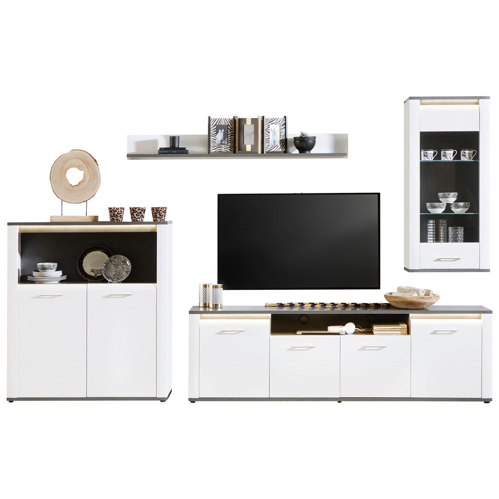 Wohnkombination Modern 4 -Teilig. mit Led Alassio 2, Weiß/Matera