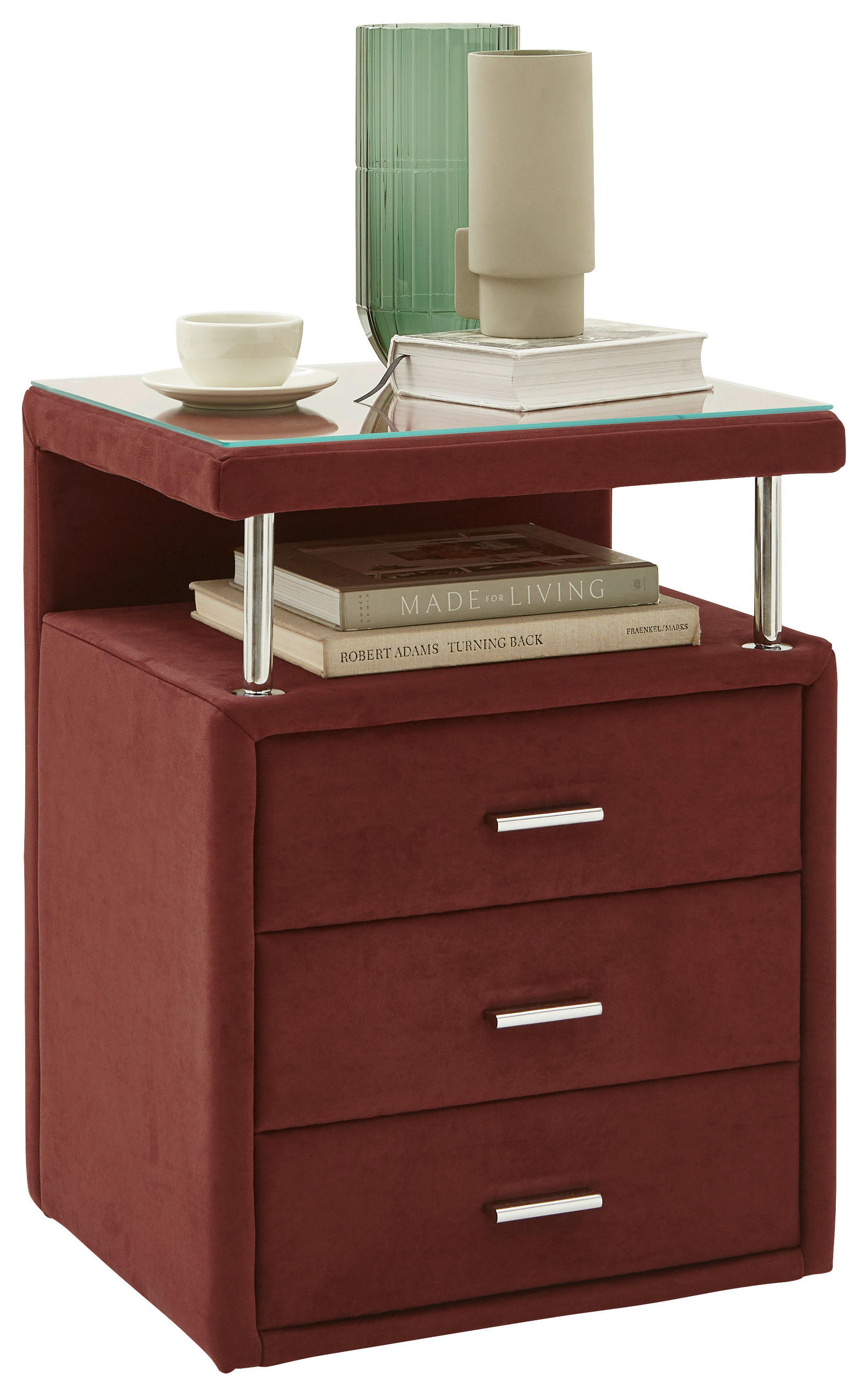NACHTSCHRANK 51/66/42 cm  - Chromfarben/Weinrot, KONVENTIONELL, Glas/Textil (51/66/42cm) - Dieter Knoll