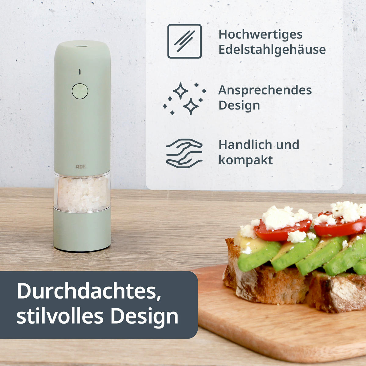 ELEKTR. SALZ-/PFEFFERMÜHLE  - Salbeigrün, Basics, Kunststoff/Metall (3,8/3,8/14cm) - ADE