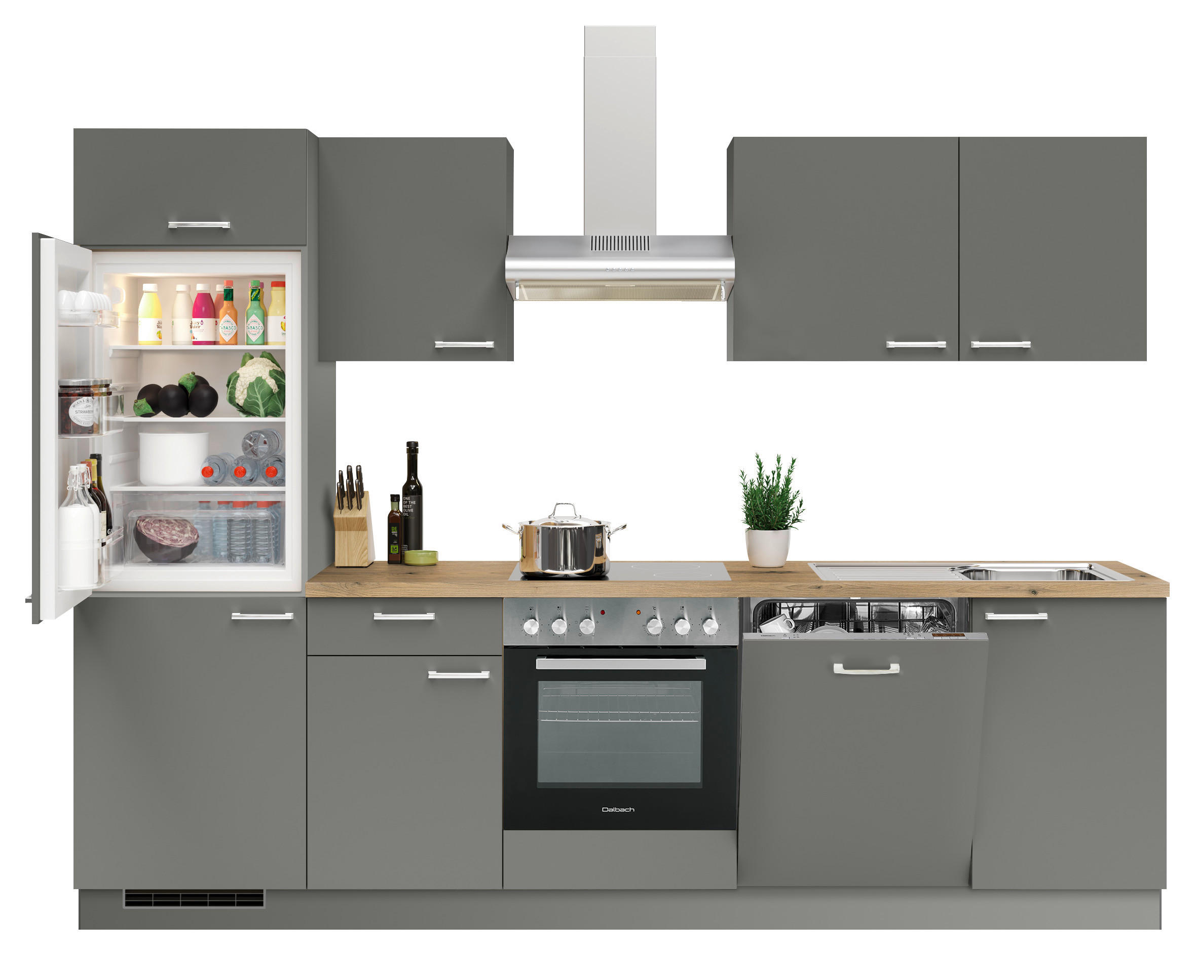KÜCHENBLOCK 280 cm   in Anthrazit  - Edelstahlfarben/Eichefarben, KONVENTIONELL, Holzwerkstoff/Metall (280cm) - Welnova