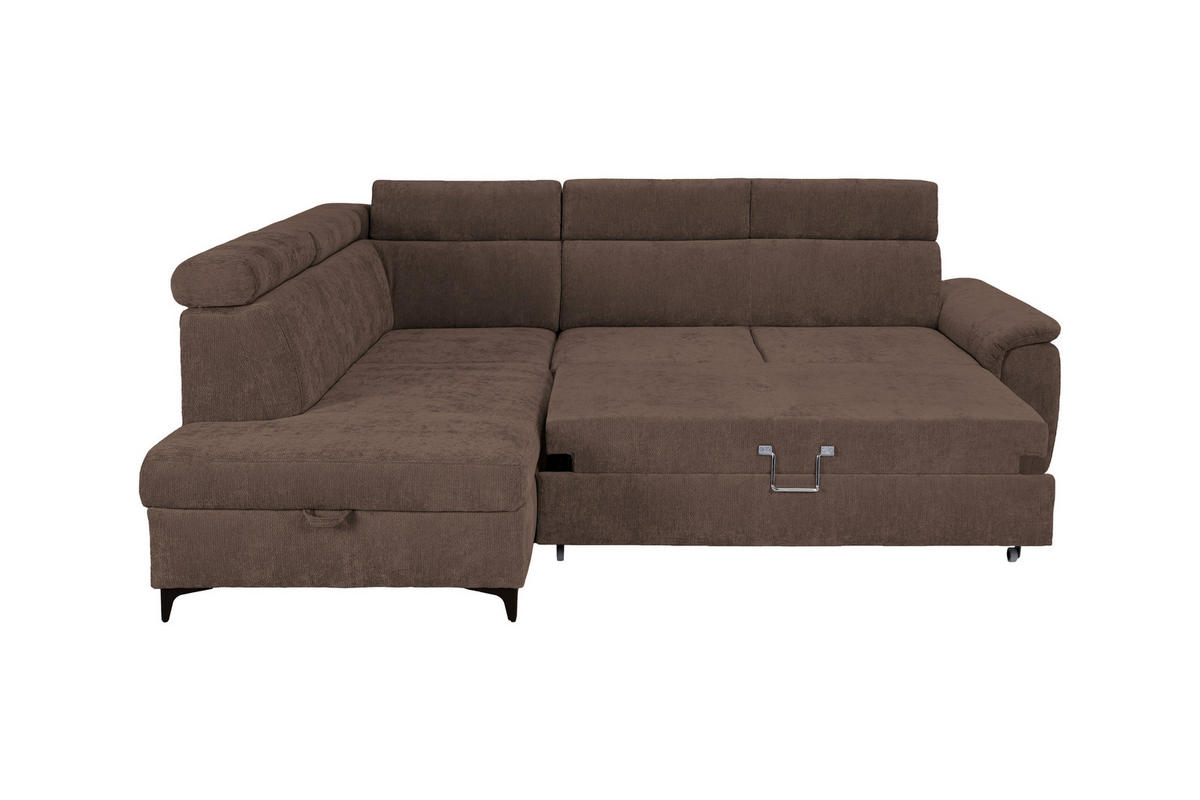 ECKSOFA Dunkelbraun Chenille Bettkasten, Schlaffunktion, Rücken echt, Kopfteilverstellung, Liegefläche im Originalstoff  - Dunkelbraun/Schwarz, KONVENTIONELL, Textil/Metall (206/265cm) - Carryhome