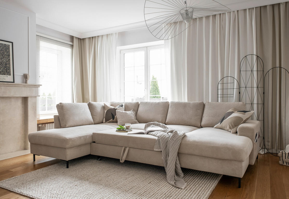 WOHNLANDSCHAFT Beige Cord  - Beige/Schwarz, Design, Textil/Metall (197/303/148cm) - MID.YOU