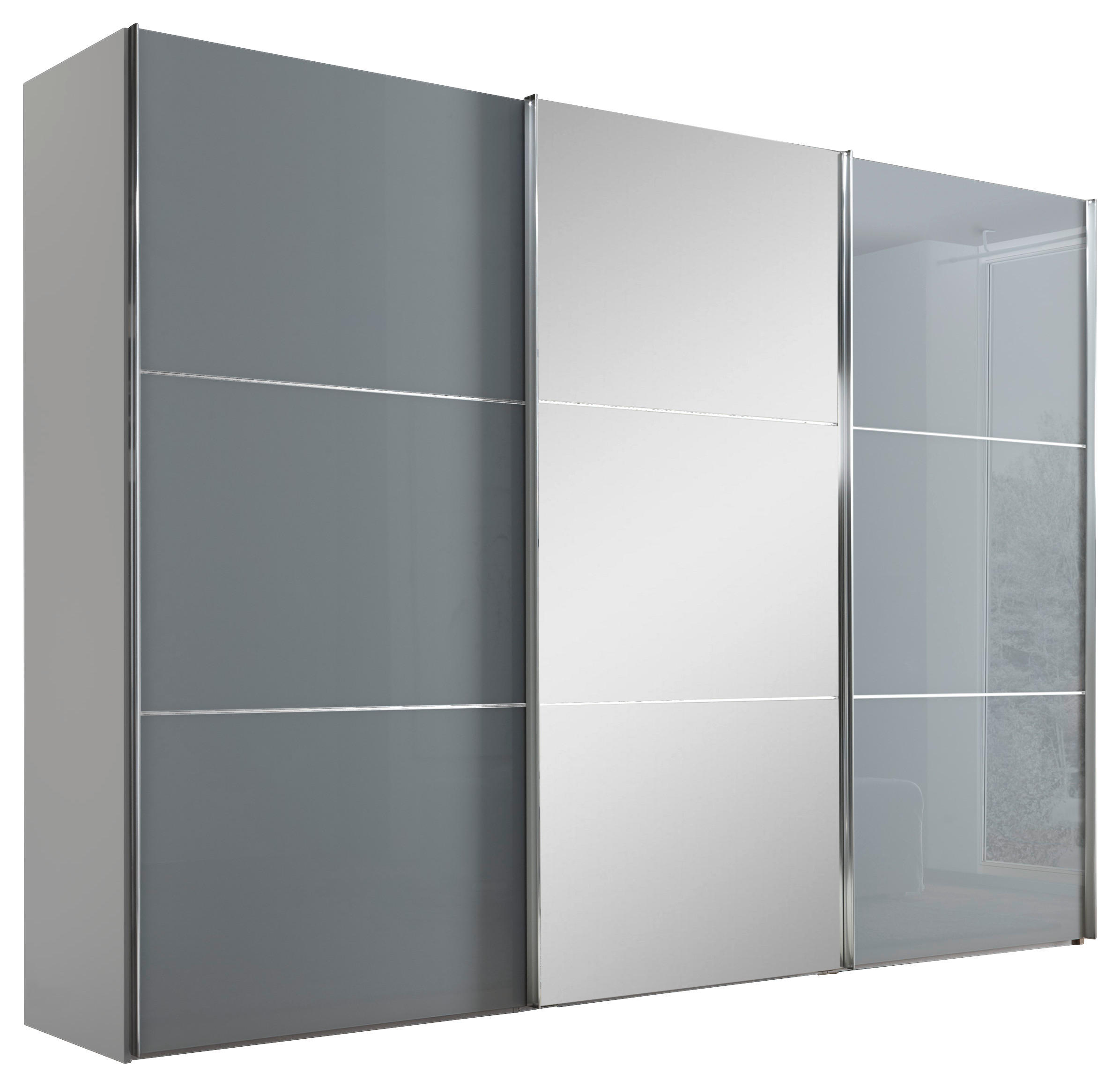 SCHWEBETÜRENSCHRANK 280/222/68 cm 3-türig Weiß, Hellgrau  - Chromfarben/Hellgrau, KONVENTIONELL, Glas/Holzwerkstoff (280/222/68cm) - Moderano