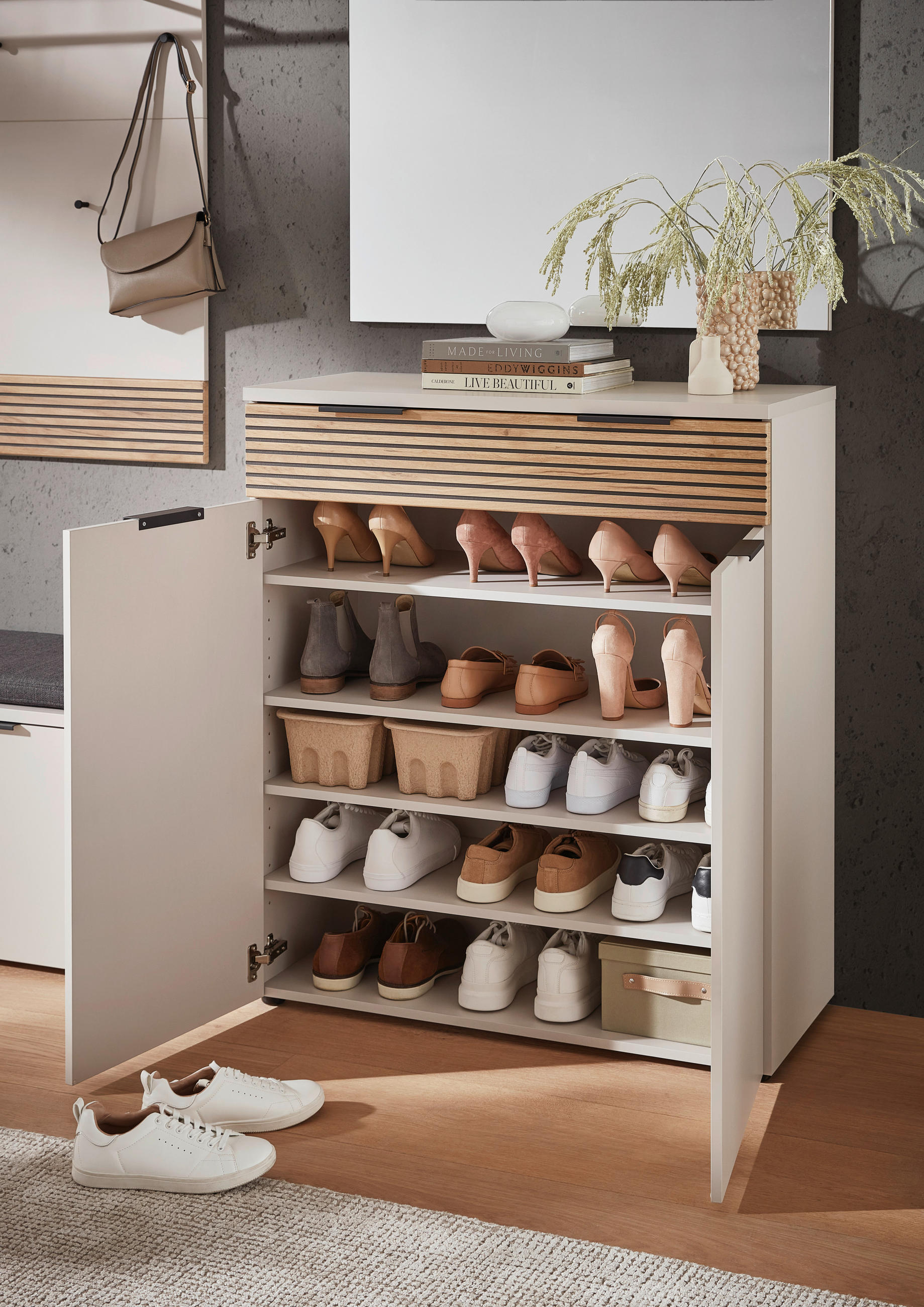 Thumbnail - Voleo Schuhschrank, Eiche, Kaschmir, Metall, 4 Fächer, 1 Schublade(n) Schubladen, 90x105x40 cm, Made in Germany, Beimöbe...