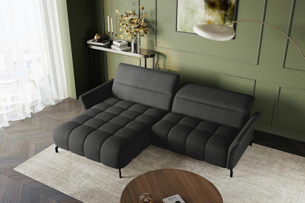 ECKSOFA  in Flachgewebe Anthrazit Rücken echt, Kopfteilverstellung, Sitztiefenverstellung  175/272 cm  - Anthrazit/Schwarz, KONVENTIONELL, Textil/Metall (175/272cm) - Carryhome
