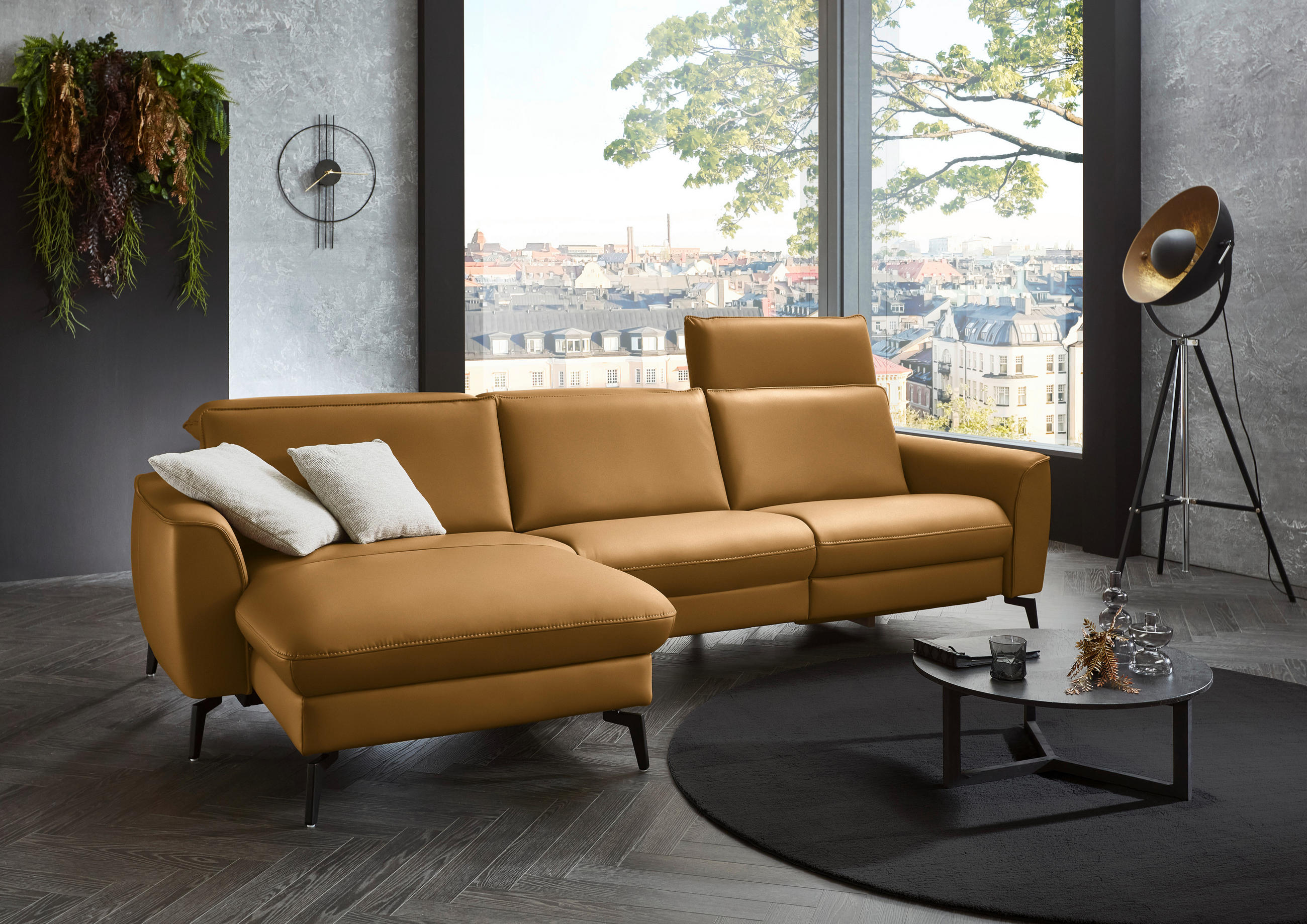 ECKSOFA in Echtleder Currygelb  168/281 cm  - Currygelb/Schwarz, Natur, Leder/Metall (168/281cm) - Valdera