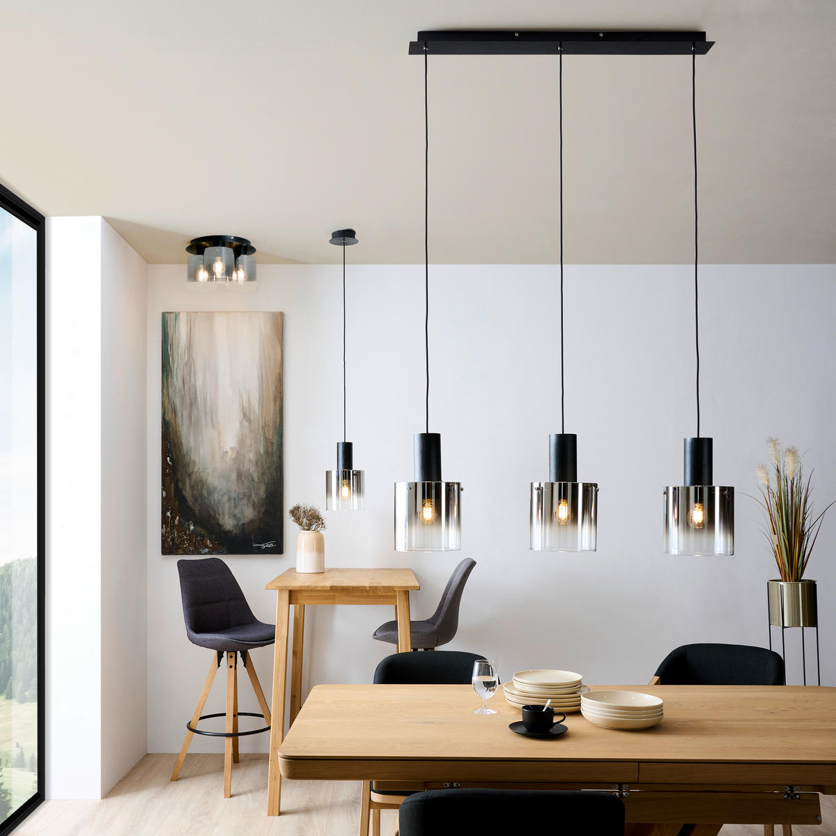 ZÁVĚSNÉ SVÍTIDLO, 90/20/120 cm  - černá, Design, kov/sklo (90/20/120cm) - Dieter Knoll