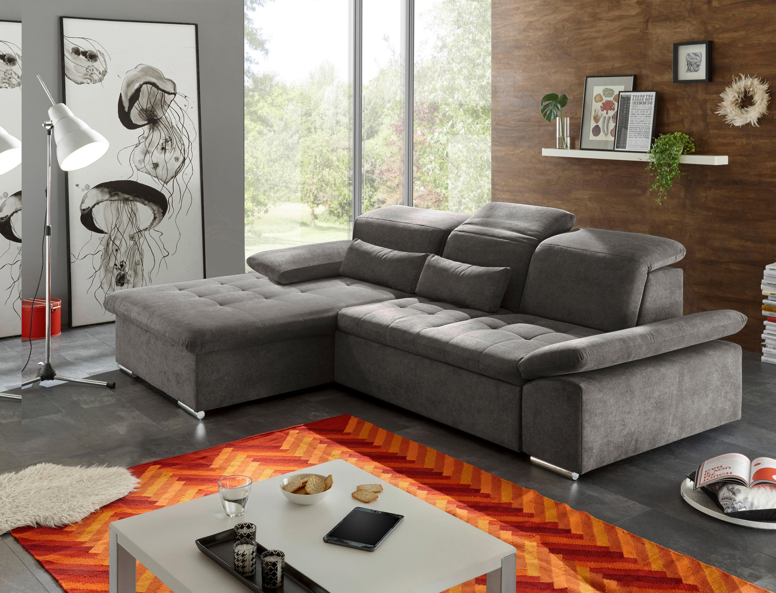 ECKSOFA Dunkelgrau Mikrovelours  - Dunkelgrau/Silberfarben, KONVENTIONELL, Kunststoff/Textil (188/276cm) - MID.YOU