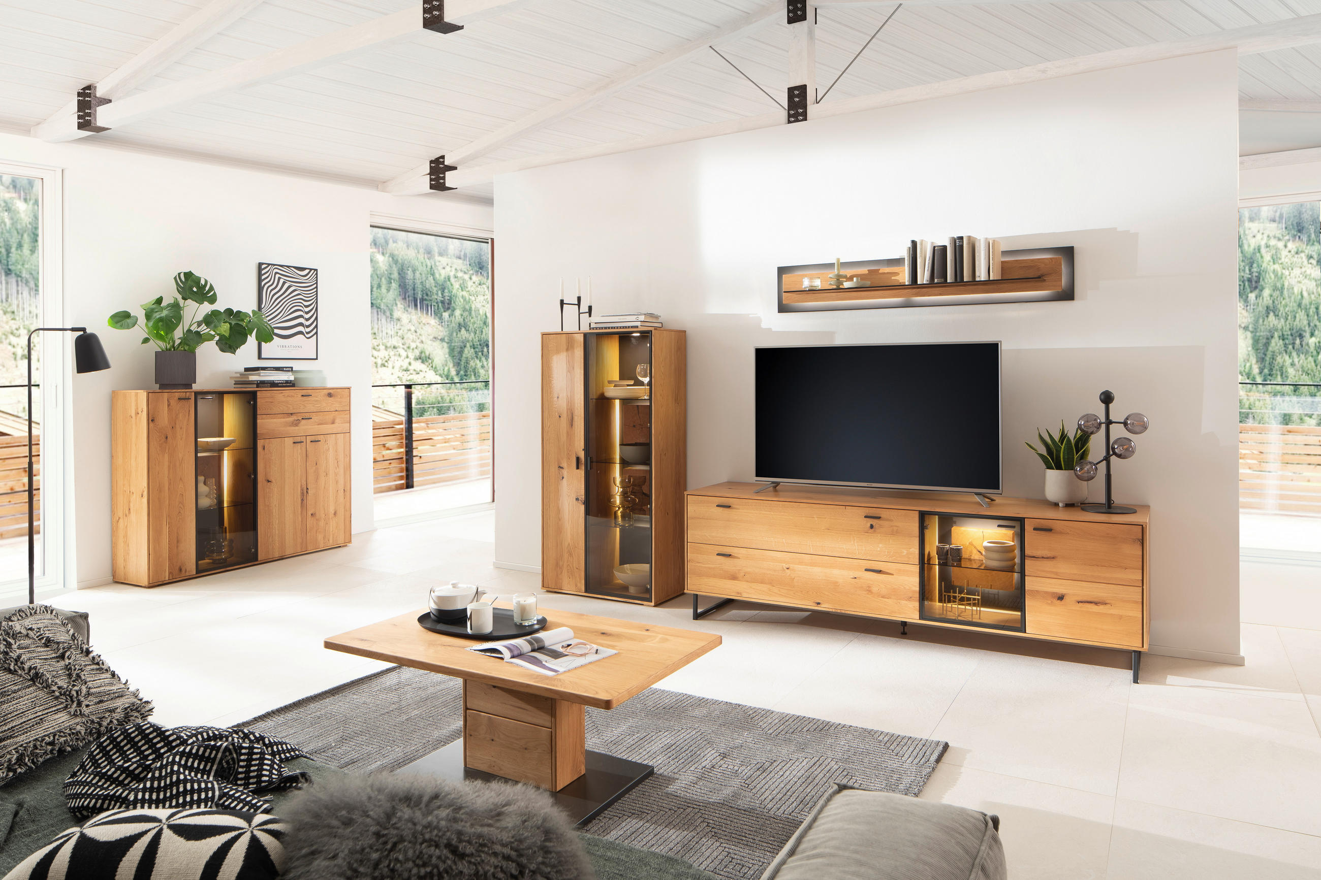 WOHNWAND Nairobi  in Wildeiche  306/188/50 cm  - Wildeiche/Schwarz, Design, Glas/Holz (306/188/50cm) - MID.YOU
