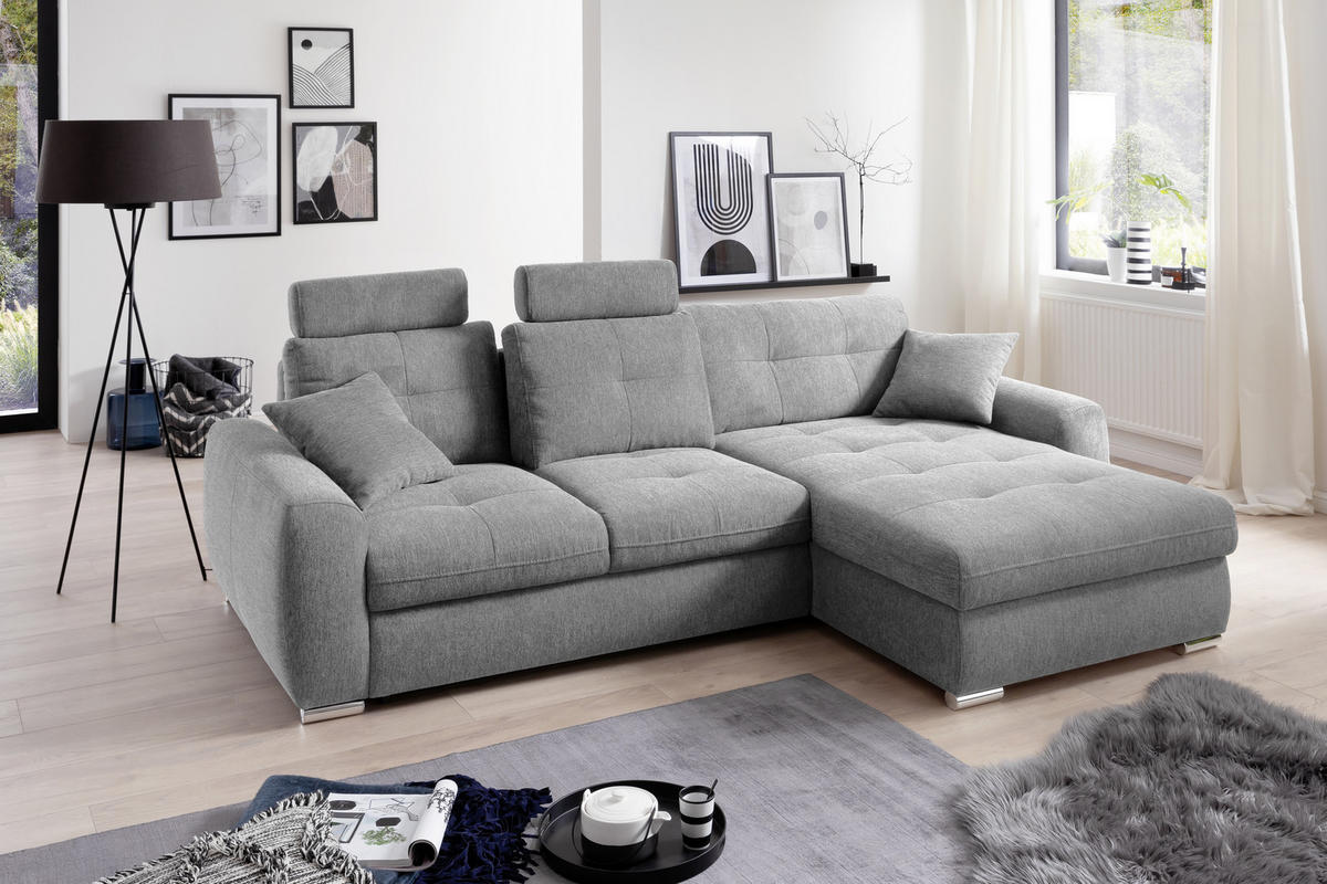 ECKSOFA in Mikrofaser Hellgrau  - Chromfarben/Hellgrau, Modern, Kunststoff/Textil (276/193cm) - Hom`in
