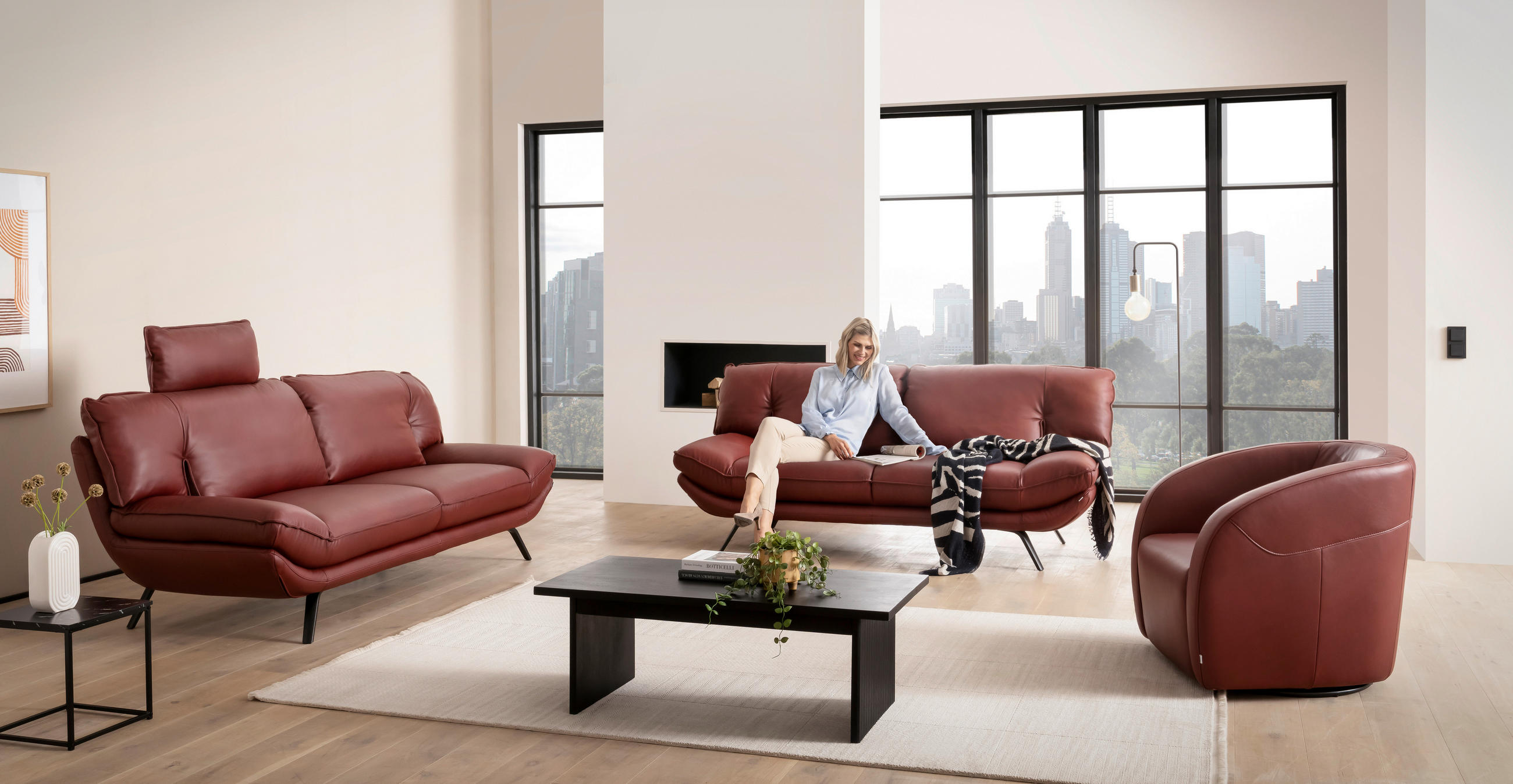 3-SITZER-SOFA Echtleder Bordeaux  - Bordeaux/Schwarz, Design, Leder/Metall (226/95/95cm) - Celina