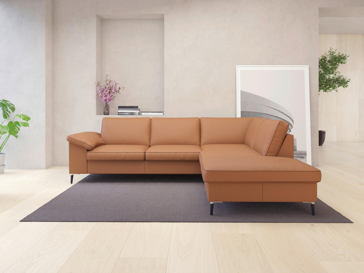 ECKSOFA Cognac Echtleder  - Cognac/Schwarz, Design, Leder/Metall (247/225cm) - Livetastic