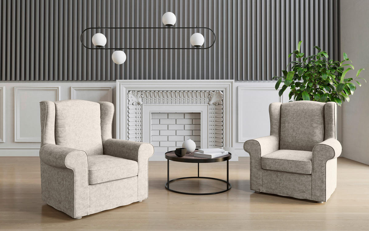 OHRENSESSEL in Flachgewebe Creme  - Edelstahlfarben/Creme, Design, Textil/Metall (88/105/90cm) - Livetastic
