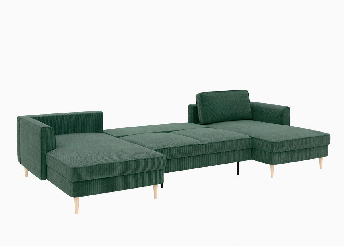 WOHNLANDSCHAFT Dunkelgrün Cord  - Dunkelgrün/Buchefarben, MODERN, Holz/Textil (161/306/161cm) - Trendmanufaktur