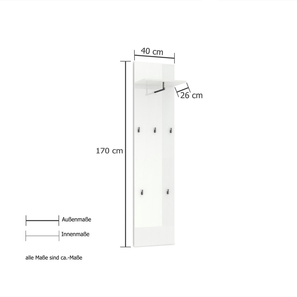 GARDEROBENPANEEL  in 40/170/26 cm  - Weiß Hochglanz, Design, Holzwerkstoff (40/170/26cm) - home24