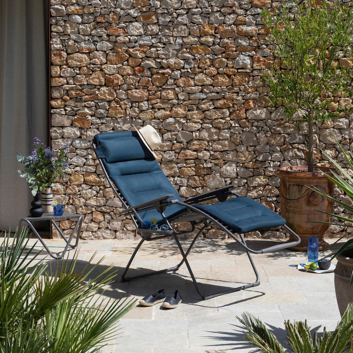 GARTEN-RELAXSESSEL Stahl  - Titanfarben/Dunkelblau, Basics, Kunststoff/Textil (76/123/97cm) - Lafuma Mobilier