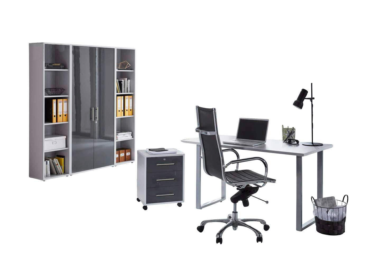 BÜRO erweiterbar, abschließbar Grau, Anthrazit Hochglanz - Anthrazit Hochglanz/Grau, MODERN, Holzwerkstoff/Metall - MID.YOU