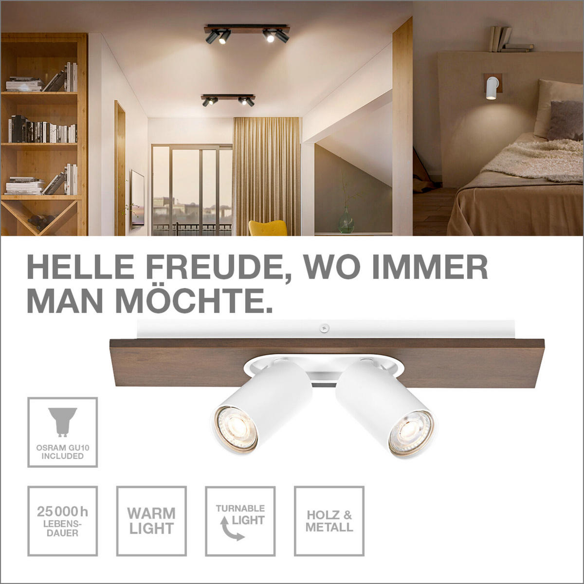LED-STRAHLER 60/10/14,2 cm   - Naturfarben/Weiß, Basics, Holz/Metall (60/10/14,2cm) - Osram