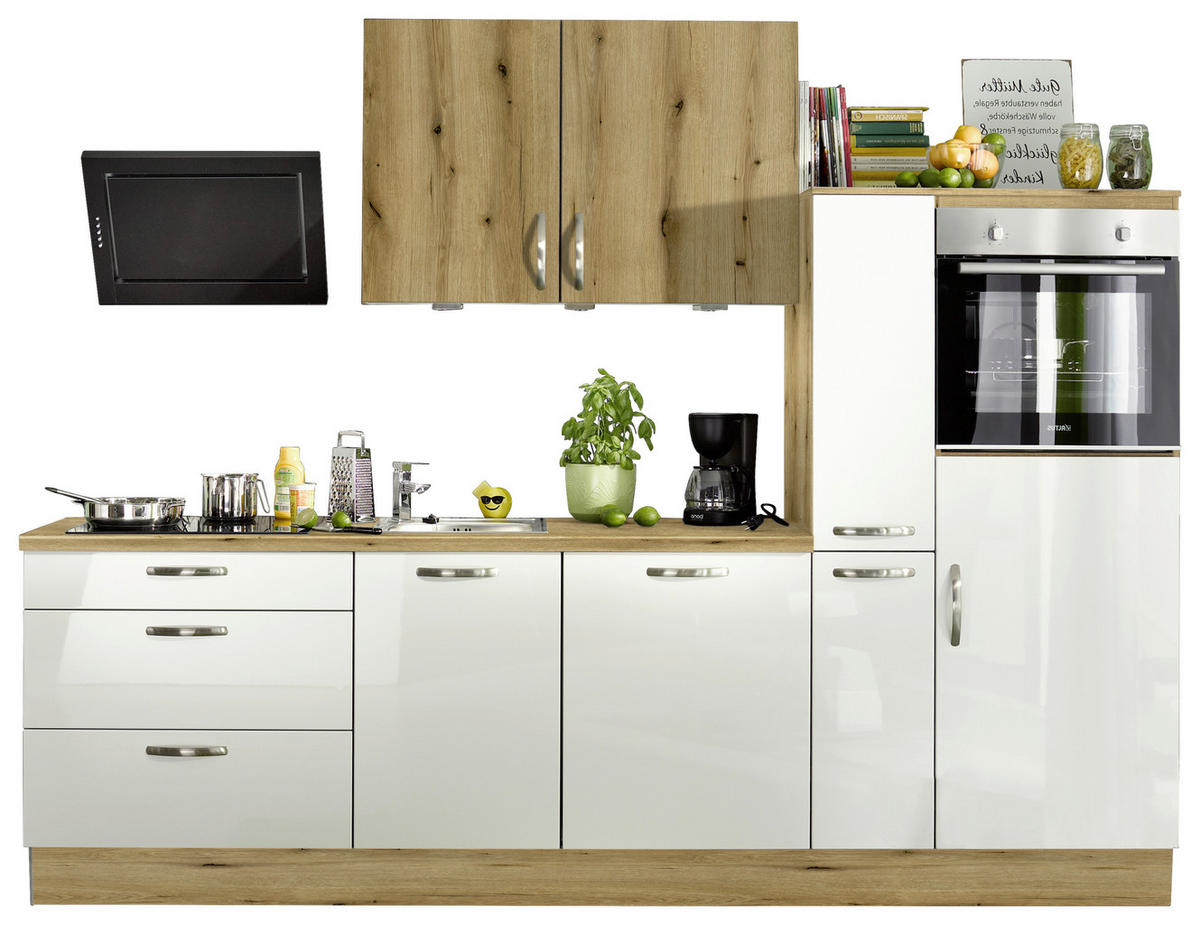 KÜCHENBLOCK 280 cm   in Eichefarben, Weiß Hochglanz  - Edelstahlfarben/Eichefarben, MODERN, Holzwerkstoff/Metall (280cm) - Xora