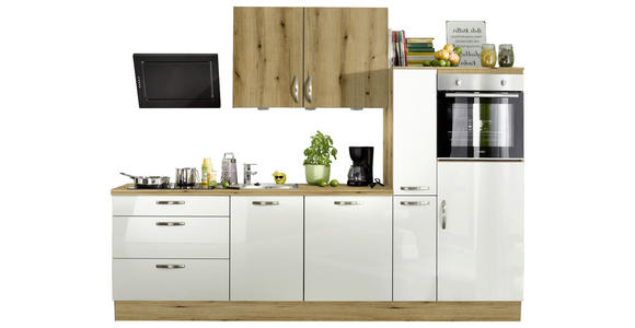 KÜCHENBLOCK 280 cm   in Eichefarben, Weiß Hochglanz  - Edelstahlfarben/Eichefarben, MODERN, Holzwerkstoff/Metall (280cm) - Xora