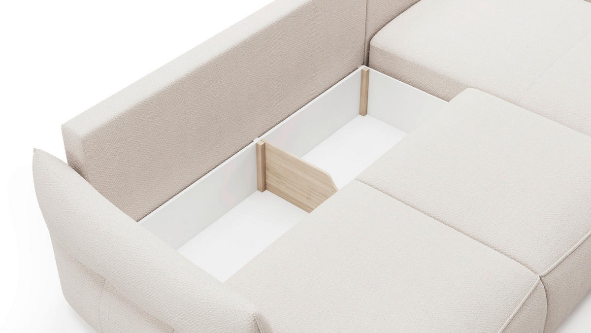 ECKSOFA Creme Webstoff Rückenkissen, Bettkasten, Schlaffunktion, Rücken echt, Liegefläche im Originalstoff  - Creme/Schwarz, KONVENTIONELL, Kunststoff/Textil (306/179cm) - Milino