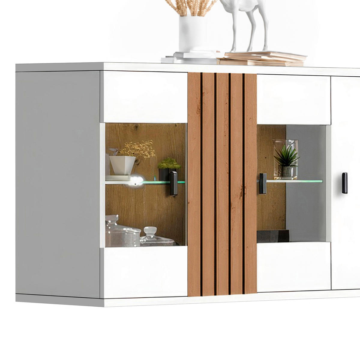 WOHNWAND 3-teilig  in Weiß, Eiche Artisan  253/175/38 cm  - Schwarz/Weiß, Design, Glas/Holzwerkstoff (253/175/38cm) - Livetastic
