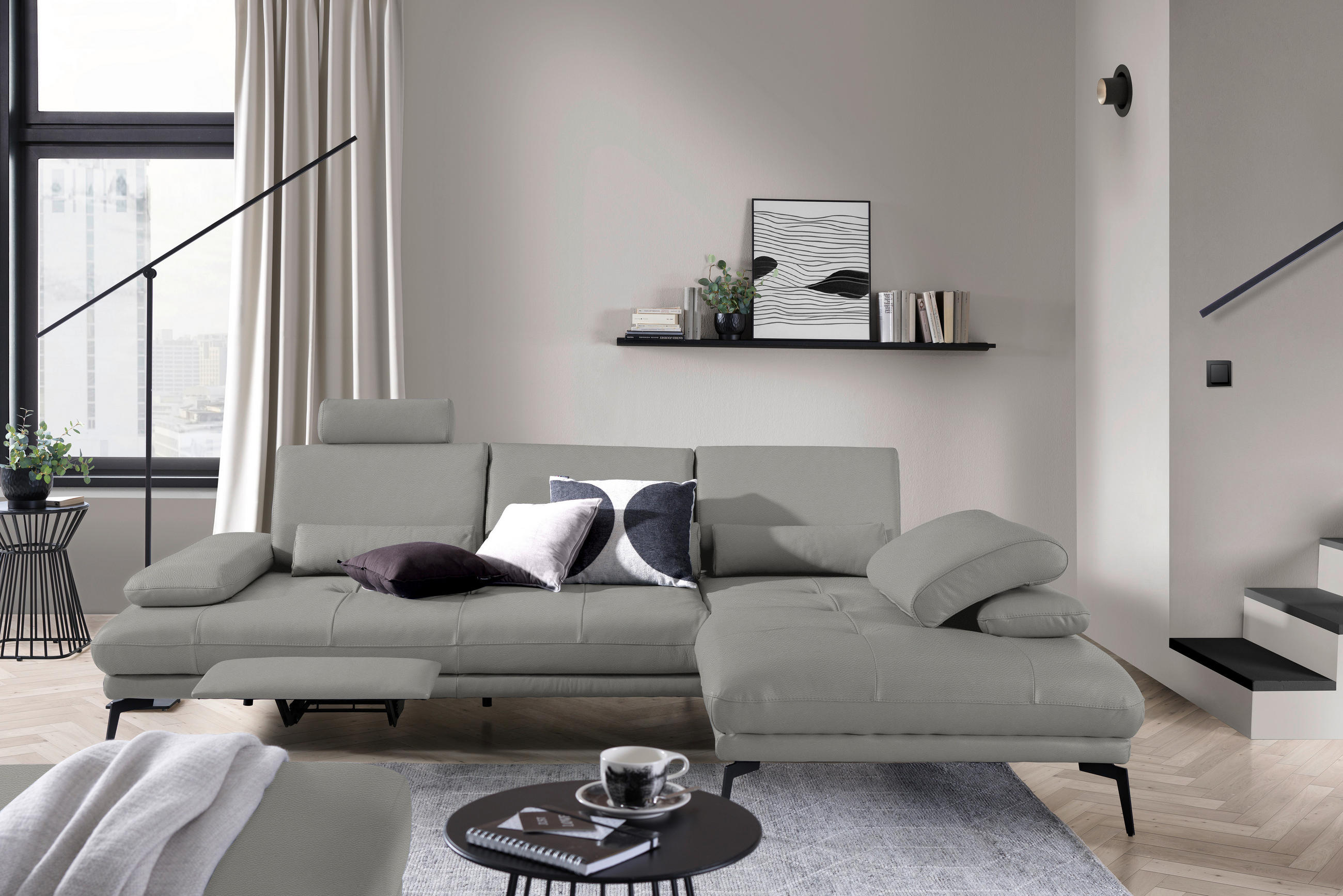 ECKSOFA Grau Echtleder  - Schwarz/Grau, Design, Leder/Metall (273/187cm) - Celina Home